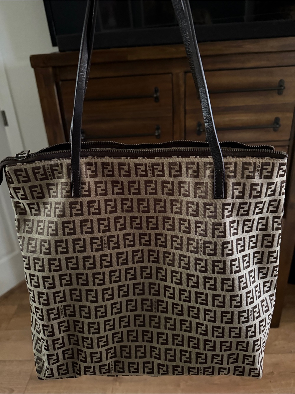 Fendi Zucca Canvas Tote in Brown and Beige with Leather Straps